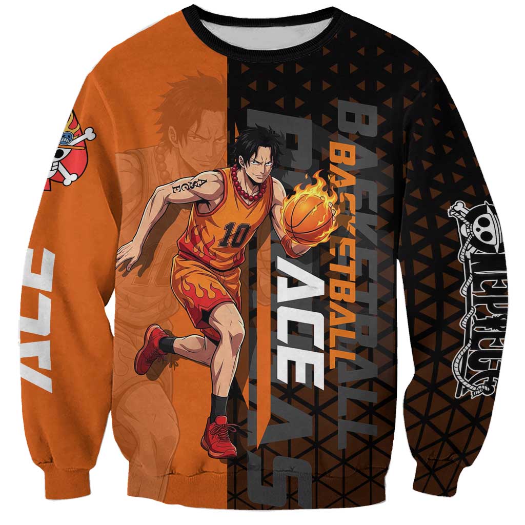 Portgas D Ace One Piece Basketball Theme Orange and Black Design Sweatshirt with Flame Ball and Whitebeard Pirates Emblem - The Mazicc