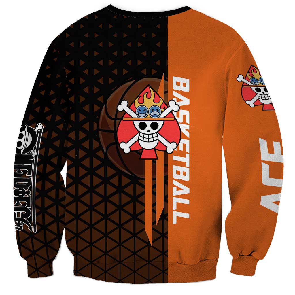 Portgas D Ace One Piece Basketball Theme Orange and Black Design Sweatshirt with Flame Ball and Whitebeard Pirates Emblem - The Mazicc