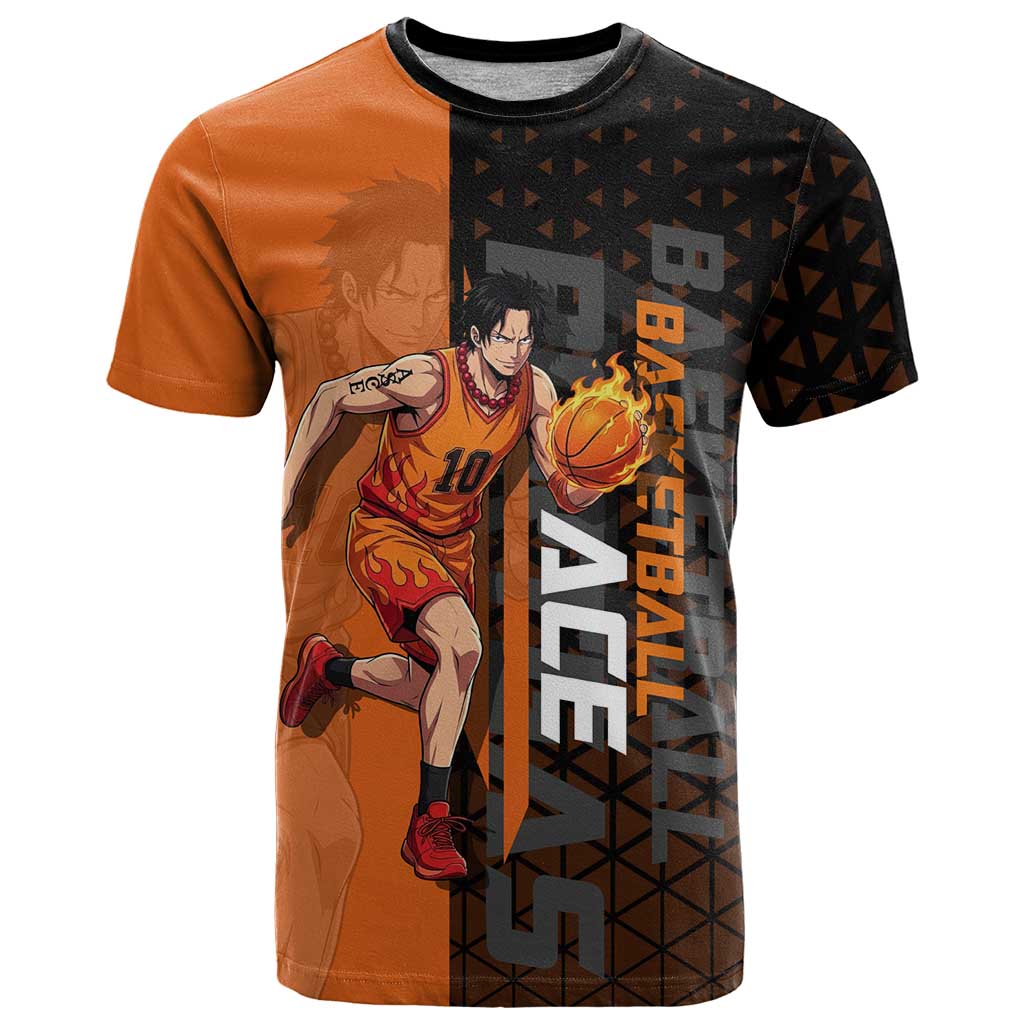 Portgas D Ace One Piece Basketball Theme Orange and Black Design T Shirt with Flame Ball and Whitebeard Pirates Emblem - The Mazicc
