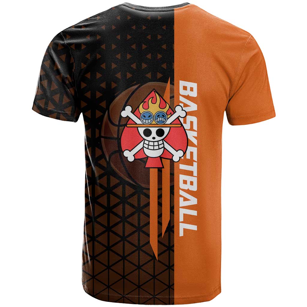 Portgas D Ace One Piece Basketball Theme Orange and Black Design T Shirt with Flame Ball and Whitebeard Pirates Emblem - The Mazicc