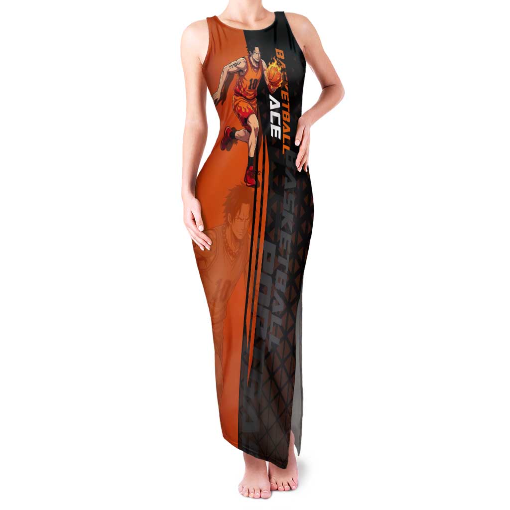 Portgas D Ace One Piece Basketball Theme Orange and Black Design Tank Maxi Dress with Flame Ball and Whitebeard Pirates Emblem - The Mazicc