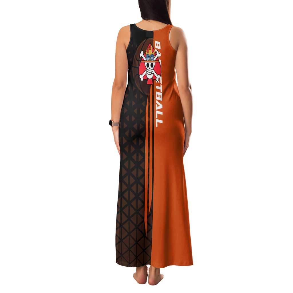 Portgas D Ace One Piece Basketball Theme Orange and Black Design Tank Maxi Dress with Flame Ball and Whitebeard Pirates Emblem - The Mazicc