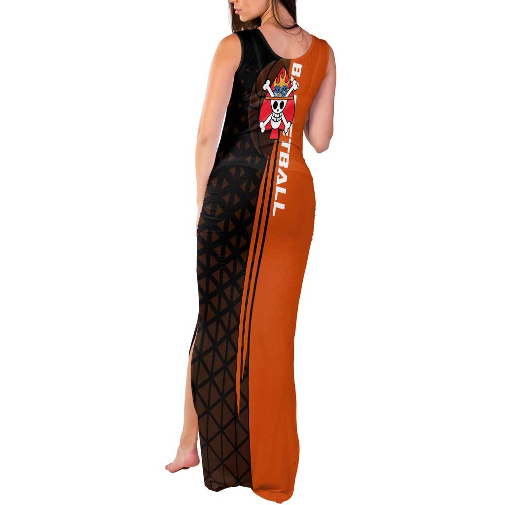Portgas D Ace One Piece Basketball Theme Orange and Black Design Tank Maxi Dress with Flame Ball and Whitebeard Pirates Emblem - The Mazicc