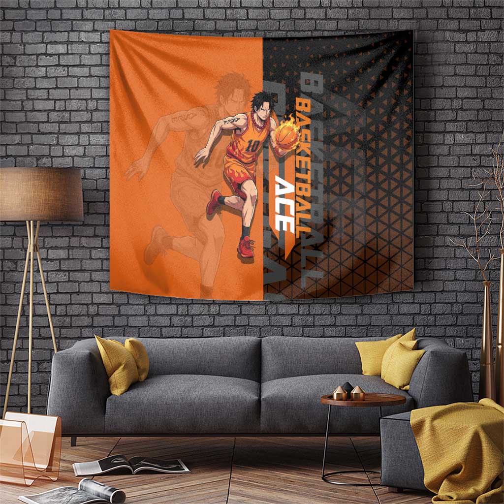 Portgas D Ace One Piece Basketball Theme Orange and Black Design Tapestry with Flame Ball and Whitebeard Pirates Emblem - The Mazicc