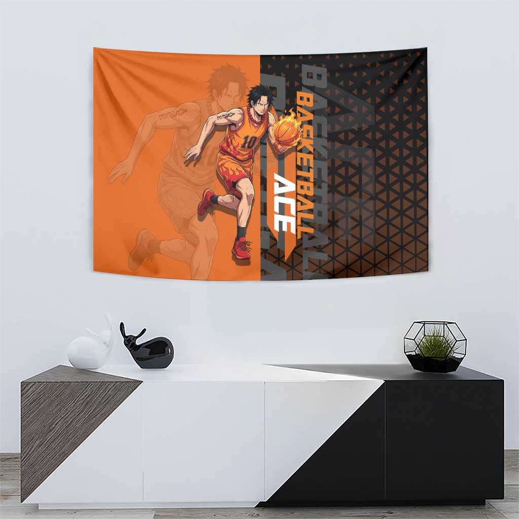 Portgas D Ace One Piece Basketball Theme Orange and Black Design Tapestry with Flame Ball and Whitebeard Pirates Emblem - The Mazicc