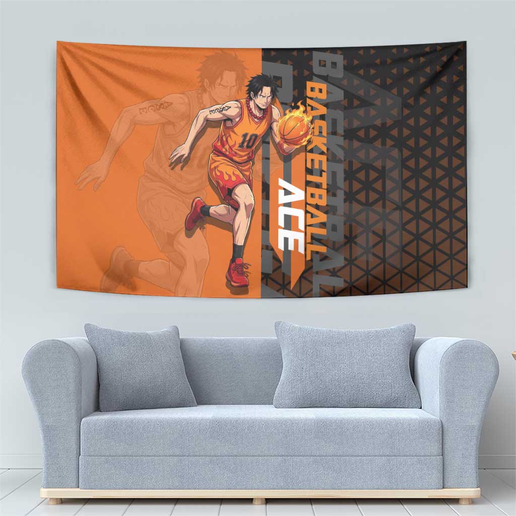 Portgas D Ace One Piece Basketball Theme Orange and Black Design Tapestry with Flame Ball and Whitebeard Pirates Emblem - The Mazicc