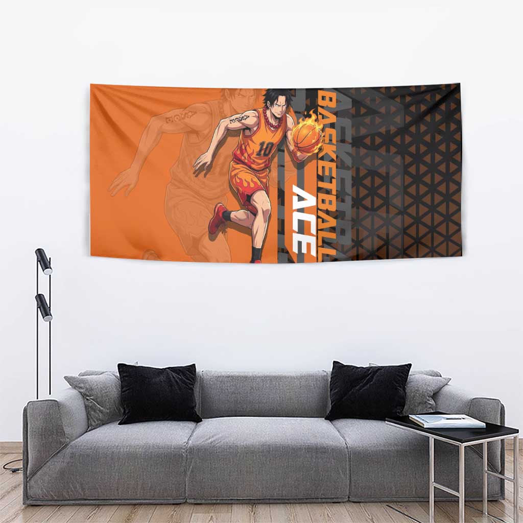 Portgas D Ace One Piece Basketball Theme Orange and Black Design Tapestry with Flame Ball and Whitebeard Pirates Emblem - The Mazicc