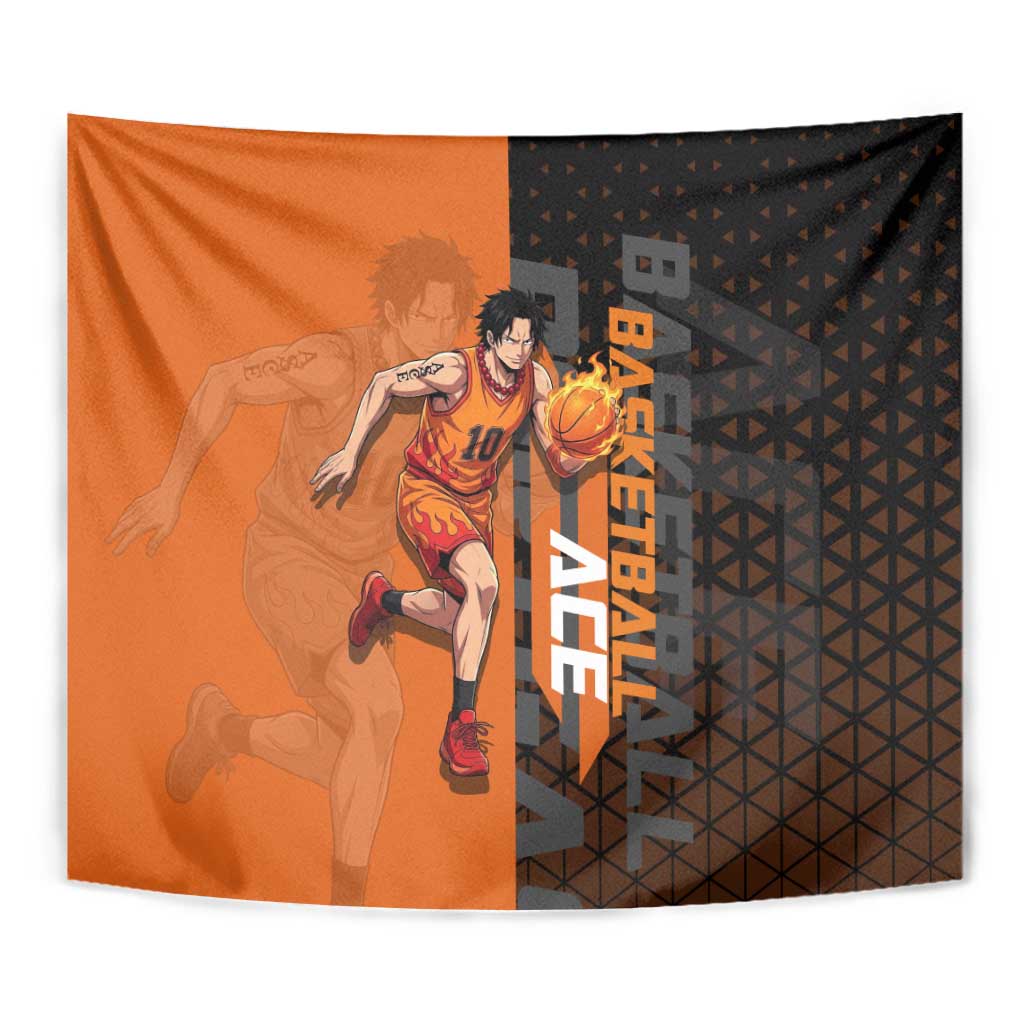 Portgas D Ace One Piece Basketball Theme Orange and Black Design Tapestry with Flame Ball and Whitebeard Pirates Emblem - The Mazicc