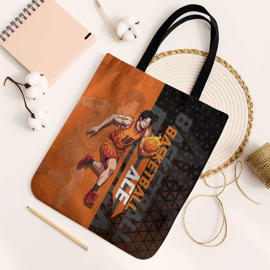 Portgas D Ace One Piece Basketball Theme Orange and Black Design Tote Bag with Flame Ball and Whitebeard Pirates Emblem - The Mazicc