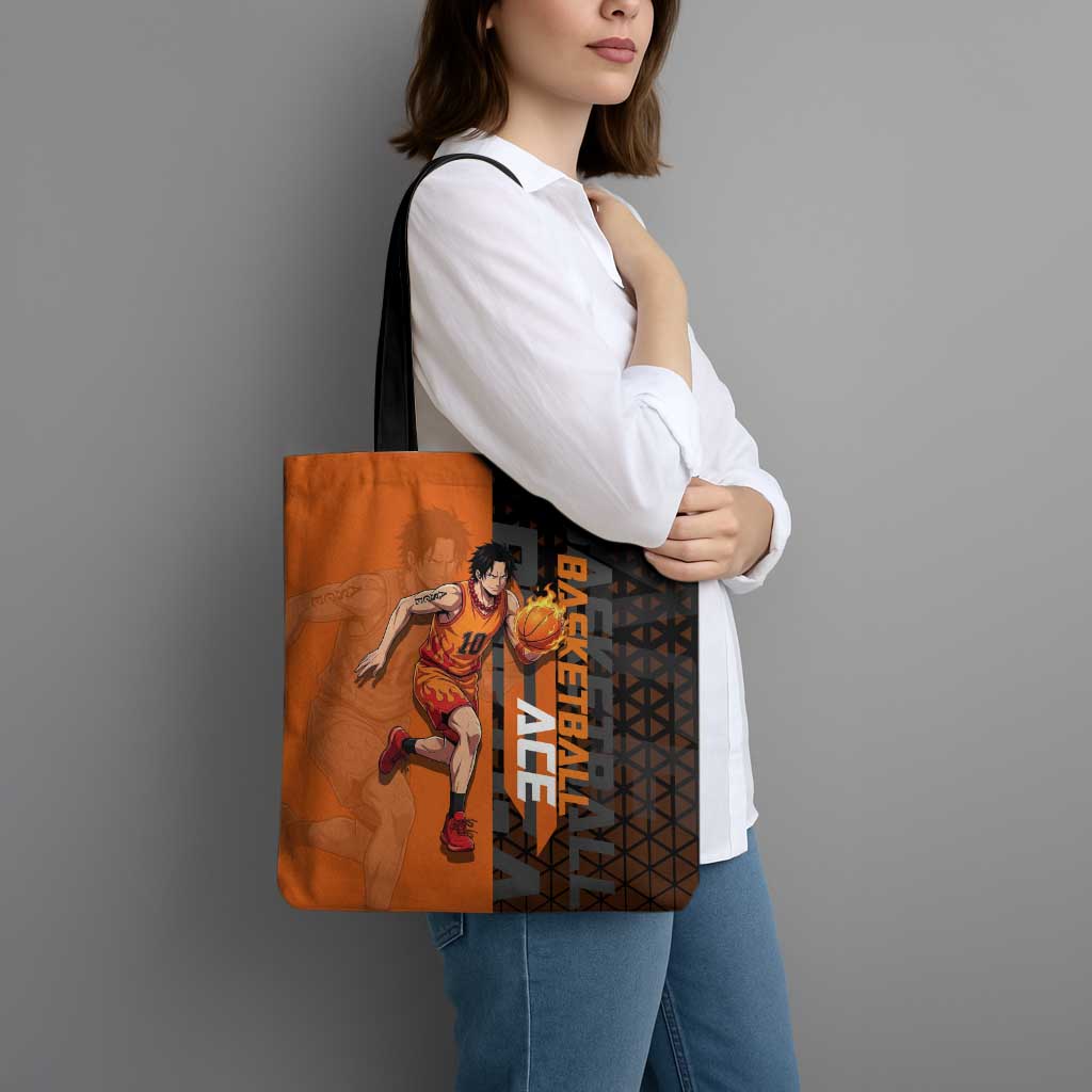 Portgas D Ace One Piece Basketball Theme Orange and Black Design Tote Bag with Flame Ball and Whitebeard Pirates Emblem - The Mazicc