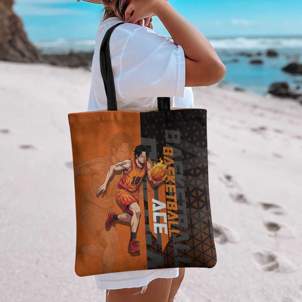 Portgas D Ace One Piece Basketball Theme Orange and Black Design Tote Bag with Flame Ball and Whitebeard Pirates Emblem - The Mazicc