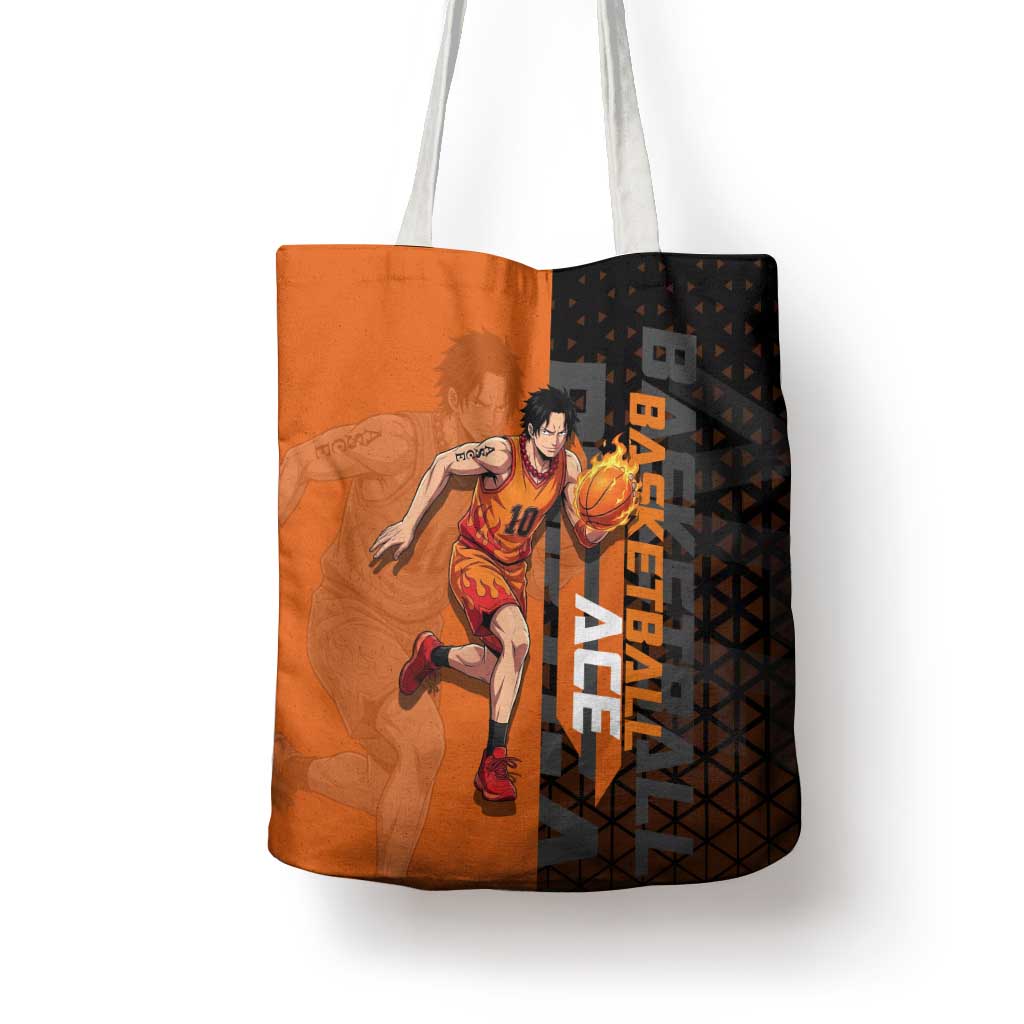 Portgas D Ace One Piece Basketball Theme Orange and Black Design Tote Bag with Flame Ball and Whitebeard Pirates Emblem - The Mazicc