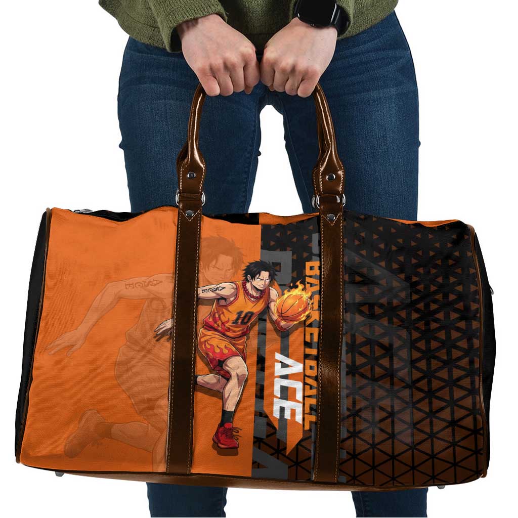 Portgas D Ace One Piece Basketball Theme Orange and Black Design Travel Bag with Flame Ball and Whitebeard Pirates Emblem - The Mazicc