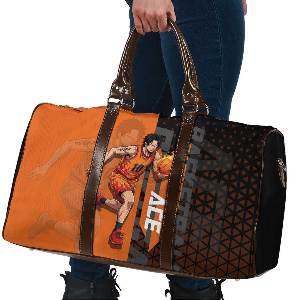 Portgas D Ace One Piece Basketball Theme Orange and Black Design Travel Bag with Flame Ball and Whitebeard Pirates Emblem - The Mazicc