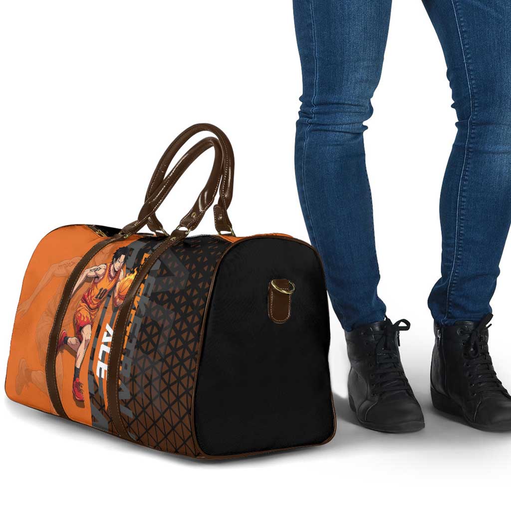 Portgas D Ace One Piece Basketball Theme Orange and Black Design Travel Bag with Flame Ball and Whitebeard Pirates Emblem - The Mazicc