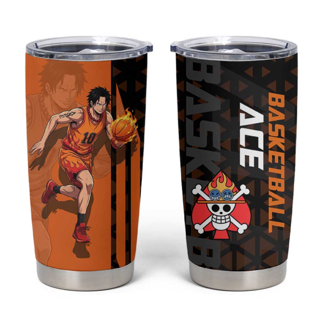 Portgas D Ace One Piece Basketball Theme Orange and Black Design Tumbler Cup with Flame Ball and Whitebeard Pirates Emblem - The Mazicc