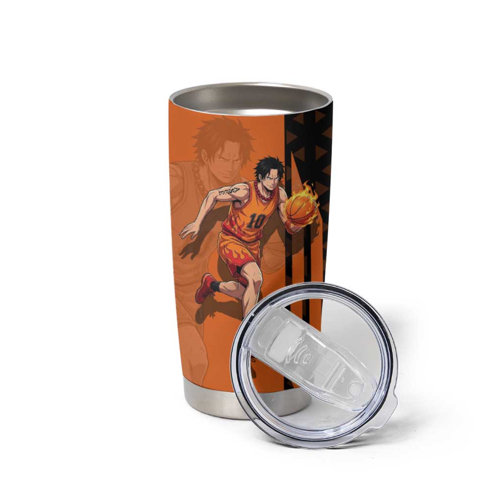 Portgas D Ace One Piece Basketball Theme Orange and Black Design Tumbler Cup with Flame Ball and Whitebeard Pirates Emblem - The Mazicc