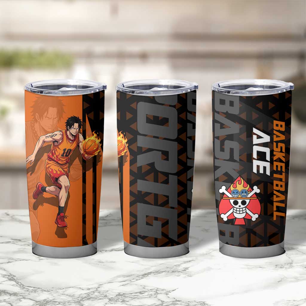 Portgas D Ace One Piece Basketball Theme Orange and Black Design Tumbler Cup with Flame Ball and Whitebeard Pirates Emblem - The Mazicc