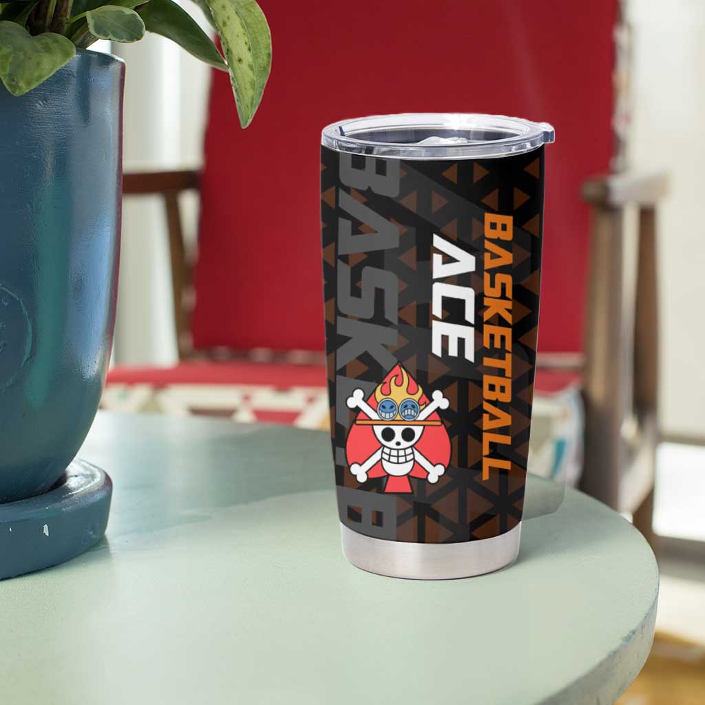 Portgas D Ace One Piece Basketball Theme Orange and Black Design Tumbler Cup with Flame Ball and Whitebeard Pirates Emblem - The Mazicc