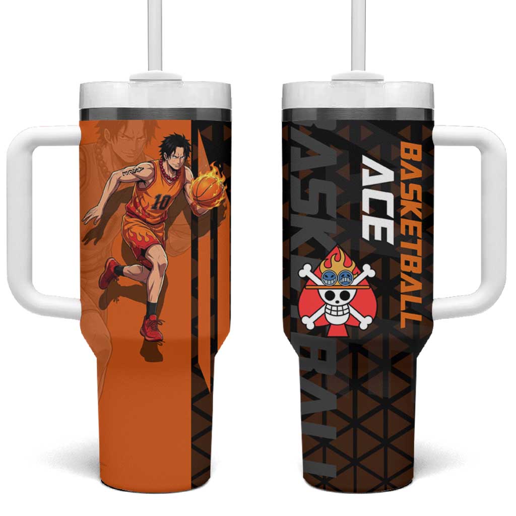 Portgas D Ace One Piece Basketball Theme Orange and Black Design Tumbler With Handle with Flame Ball and Whitebeard Pirates Emblem - The Mazicc