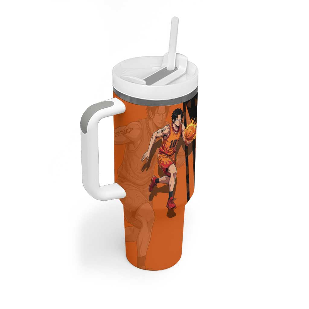 Portgas D Ace One Piece Basketball Theme Orange and Black Design Tumbler With Handle with Flame Ball and Whitebeard Pirates Emblem - The Mazicc