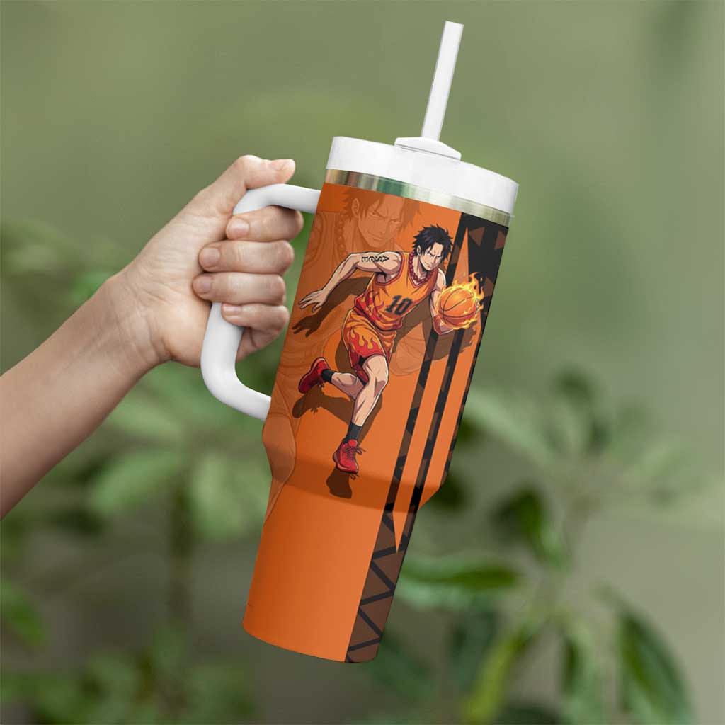 Portgas D Ace One Piece Basketball Theme Orange and Black Design Tumbler With Handle with Flame Ball and Whitebeard Pirates Emblem - The Mazicc