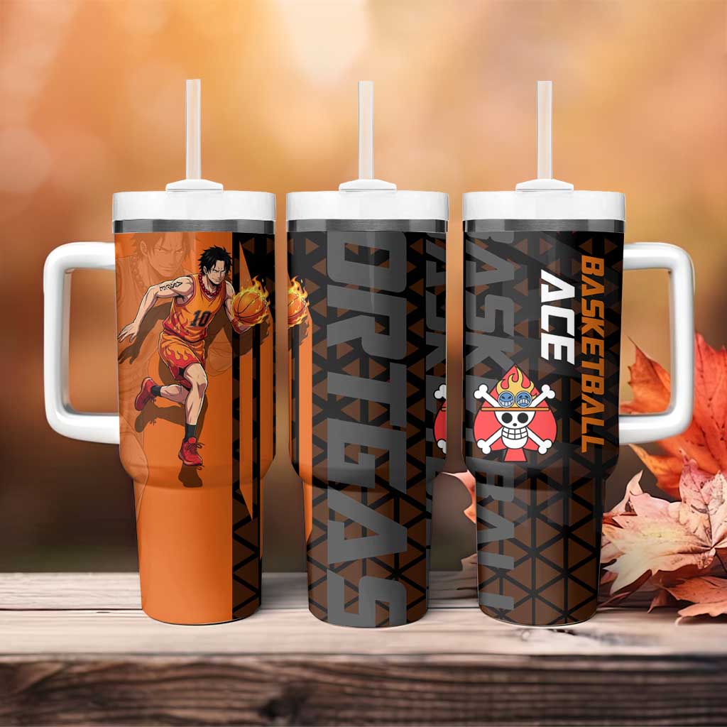 Portgas D Ace One Piece Basketball Theme Orange and Black Design Tumbler With Handle with Flame Ball and Whitebeard Pirates Emblem - The Mazicc