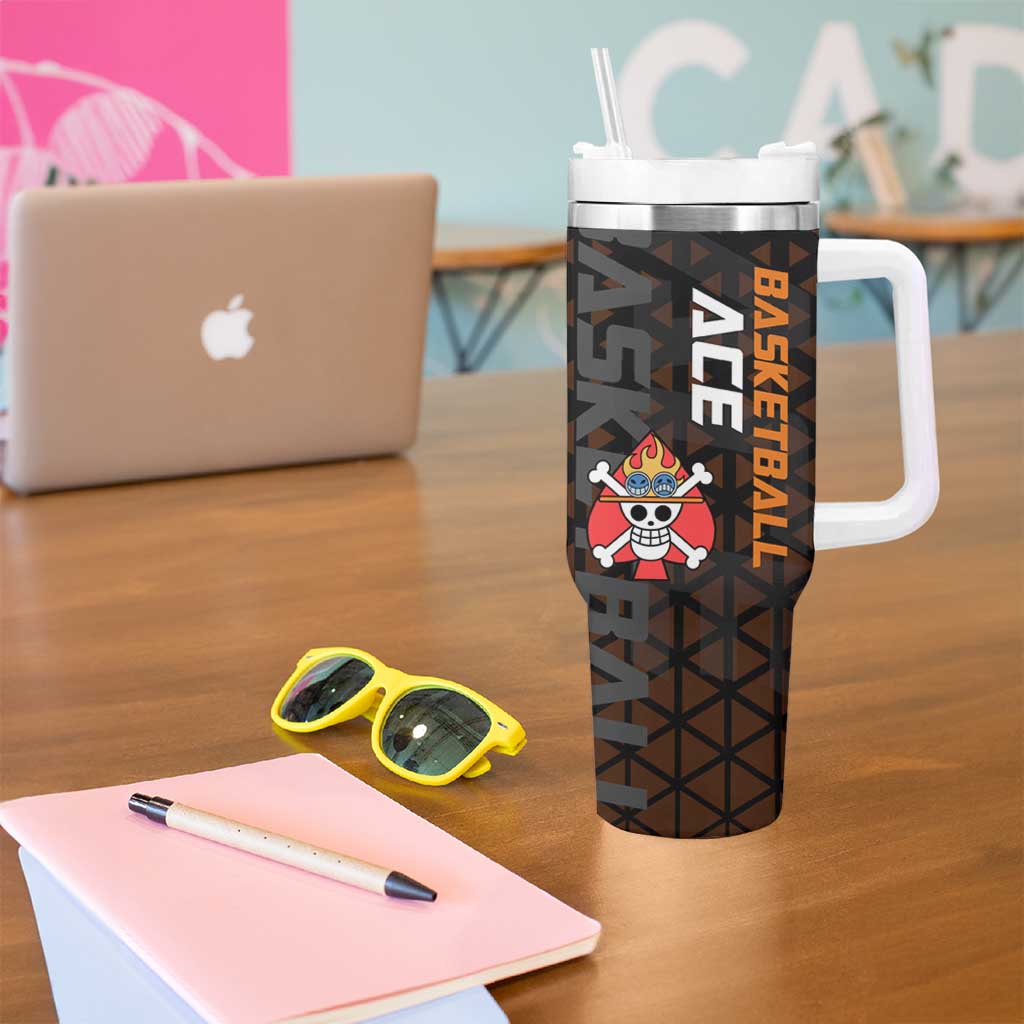 Portgas D Ace One Piece Basketball Theme Orange and Black Design Tumbler With Handle with Flame Ball and Whitebeard Pirates Emblem - The Mazicc