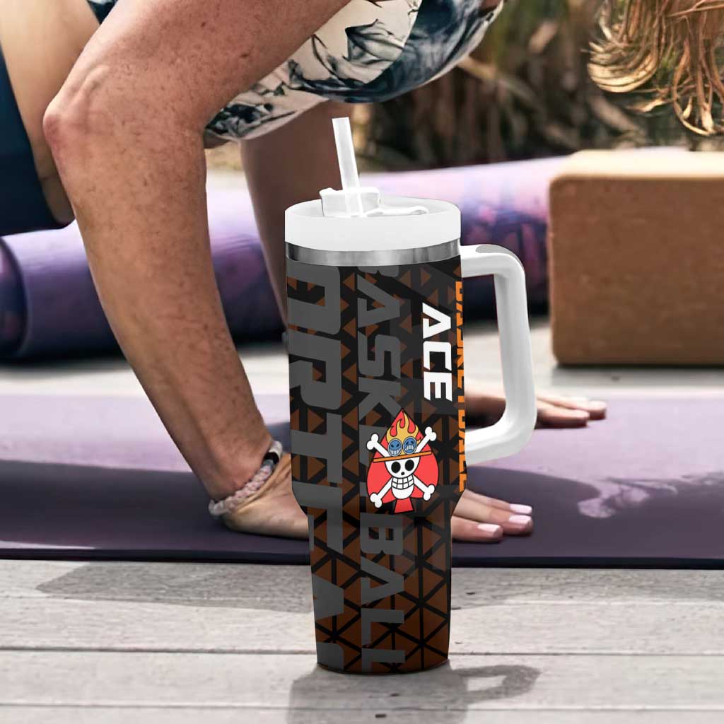 Portgas D Ace One Piece Basketball Theme Orange and Black Design Tumbler With Handle with Flame Ball and Whitebeard Pirates Emblem - The Mazicc