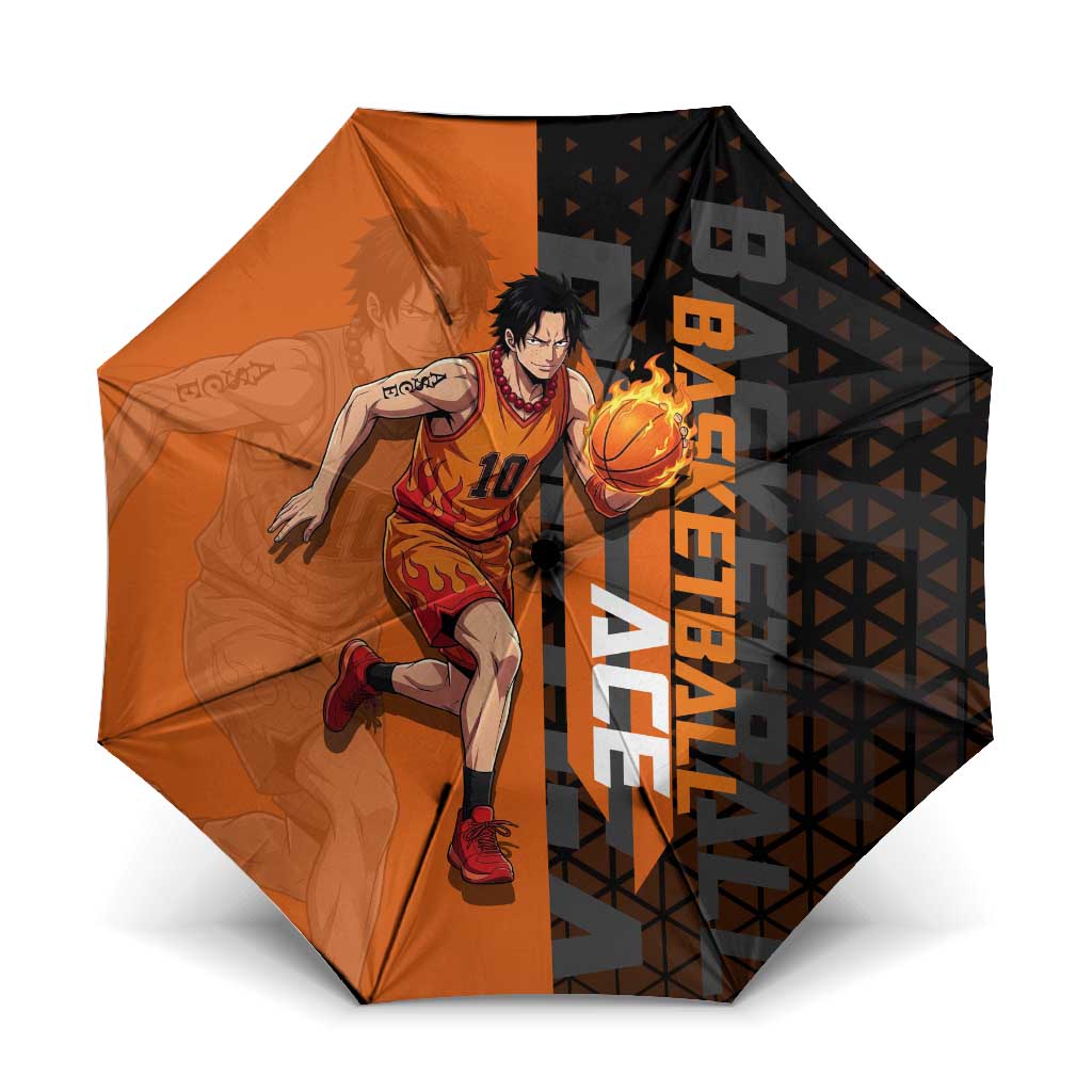 Portgas D Ace One Piece Basketball Theme Orange and Black Design Umbrella with Flame Ball and Whitebeard Pirates Emblem - The Mazicc