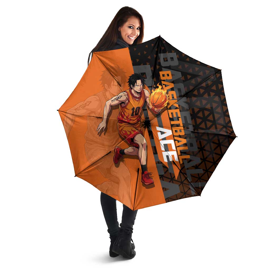 Portgas D Ace One Piece Basketball Theme Orange and Black Design Umbrella with Flame Ball and Whitebeard Pirates Emblem - The Mazicc