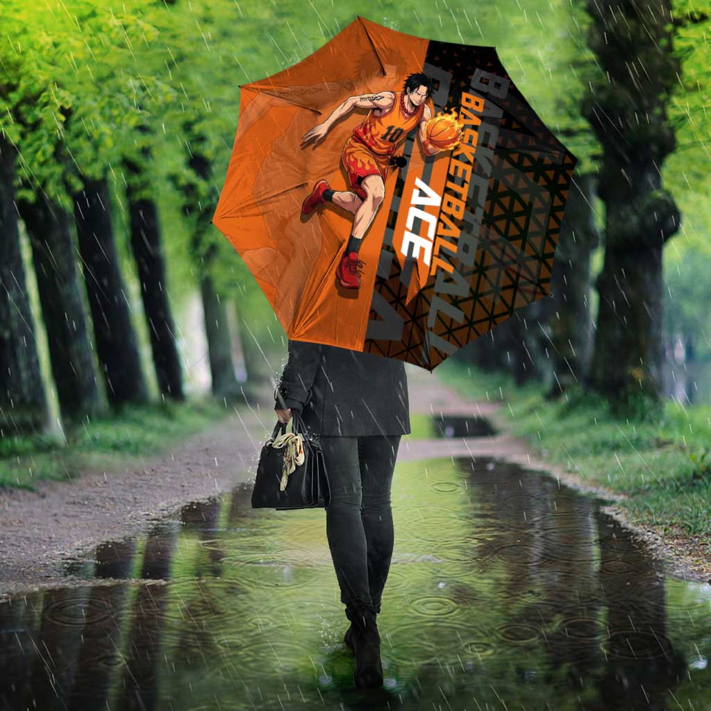 Portgas D Ace One Piece Basketball Theme Orange and Black Design Umbrella with Flame Ball and Whitebeard Pirates Emblem - The Mazicc