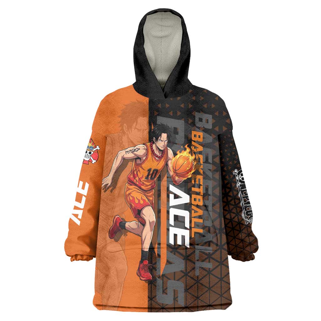 Portgas D Ace One Piece Basketball Theme Orange and Black Design Wearable Blanket Hoodie with Flame Ball and Whitebeard Pirates Emblem - The Mazicc
