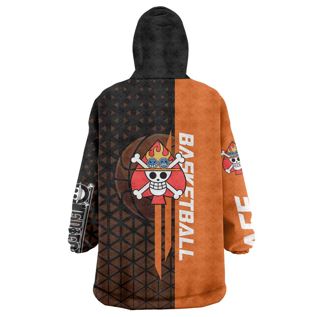 Portgas D Ace One Piece Basketball Theme Orange and Black Design Wearable Blanket Hoodie with Flame Ball and Whitebeard Pirates Emblem - The Mazicc
