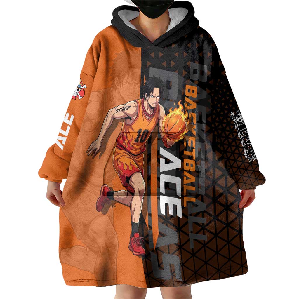 Portgas D Ace One Piece Basketball Theme Orange and Black Design Wearable Blanket Hoodie with Flame Ball and Whitebeard Pirates Emblem - The Mazicc