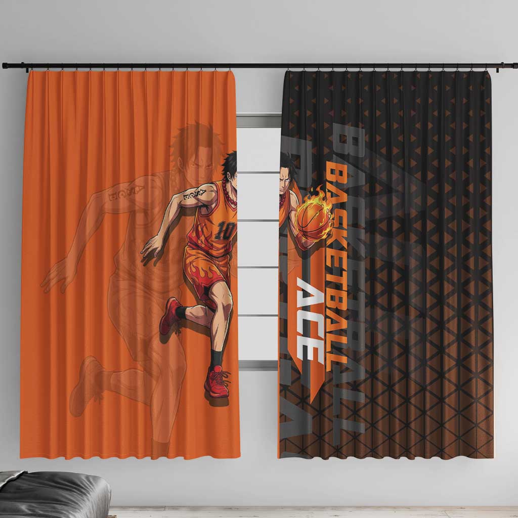 Portgas D Ace One Piece Basketball Theme Orange and Black Design Window Curtain with Flame Ball and Whitebeard Pirates Emblem - The Mazicc