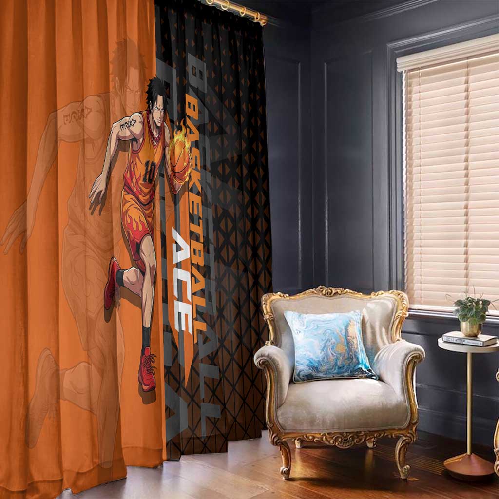 Portgas D Ace One Piece Basketball Theme Orange and Black Design Window Curtain with Flame Ball and Whitebeard Pirates Emblem - The Mazicc