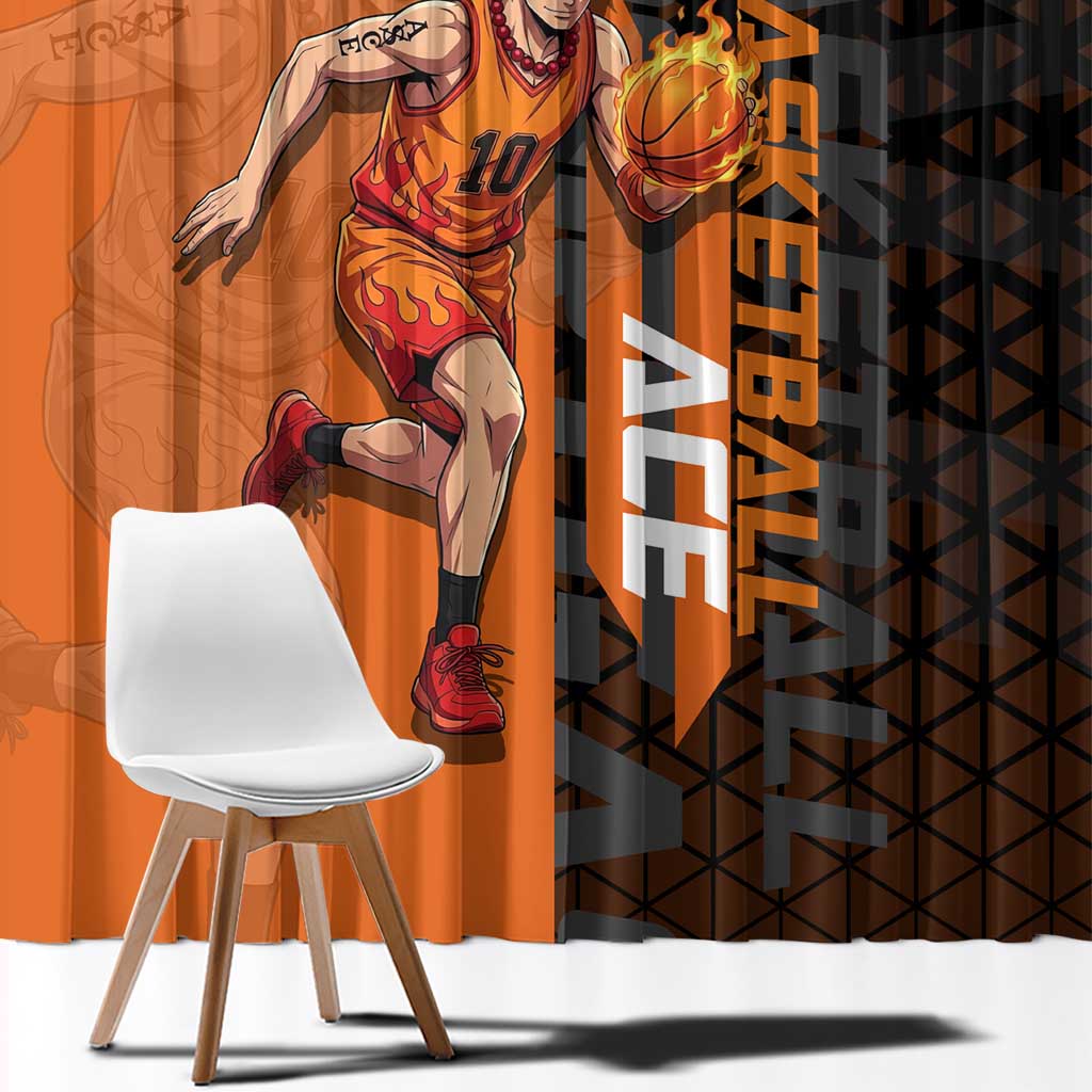 Portgas D Ace One Piece Basketball Theme Orange and Black Design Window Curtain with Flame Ball and Whitebeard Pirates Emblem - The Mazicc