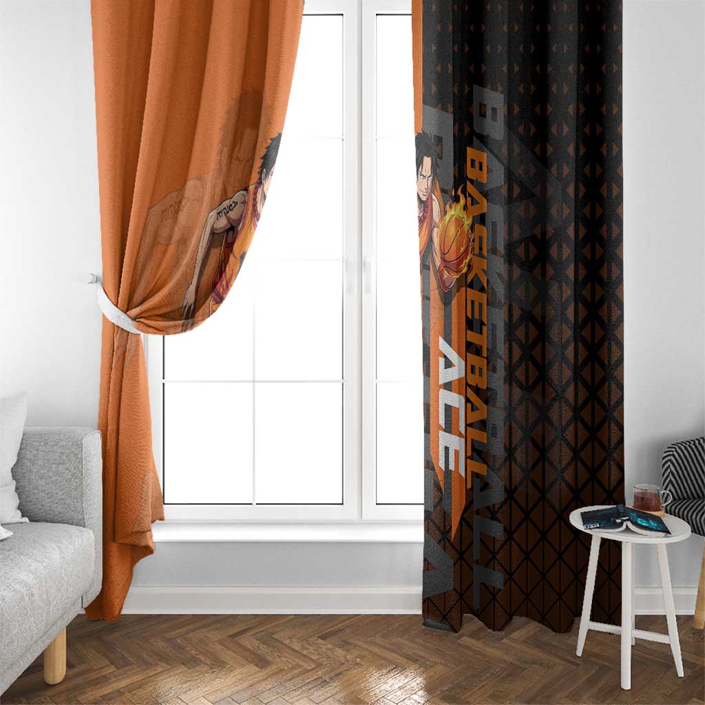 Portgas D Ace One Piece Basketball Theme Orange and Black Design Window Curtain with Flame Ball and Whitebeard Pirates Emblem - The Mazicc