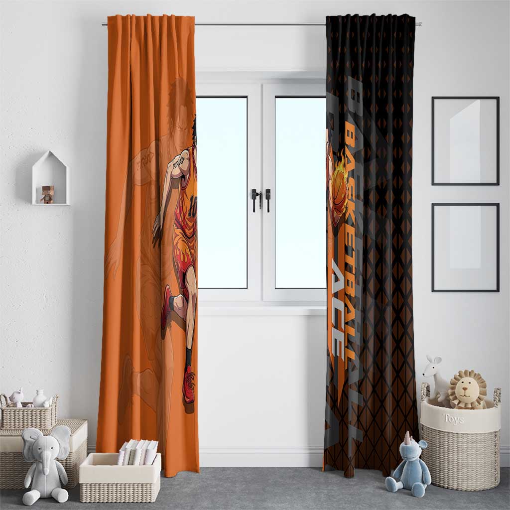 Portgas D Ace One Piece Basketball Theme Orange and Black Design Window Curtain with Flame Ball and Whitebeard Pirates Emblem - The Mazicc