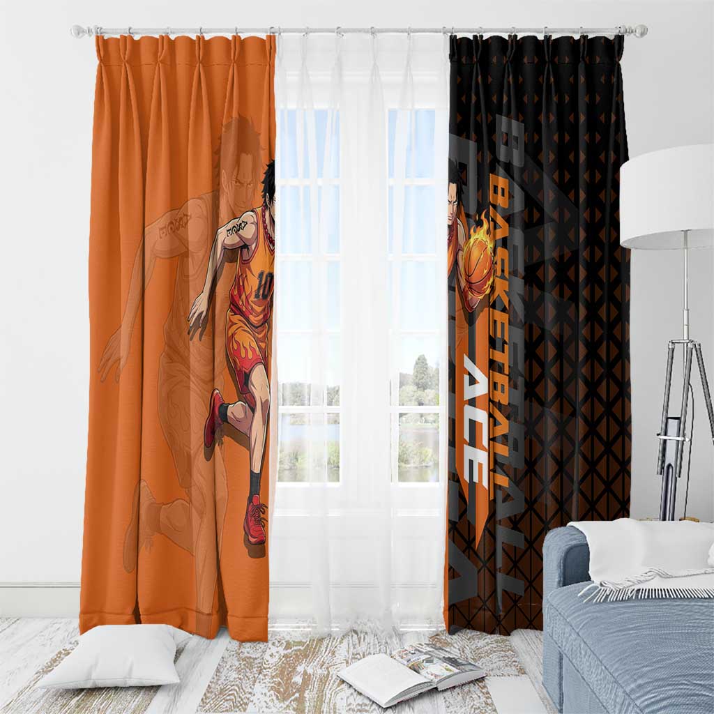 Portgas D Ace One Piece Basketball Theme Orange and Black Design Window Curtain with Flame Ball and Whitebeard Pirates Emblem - The Mazicc