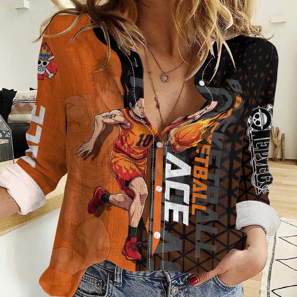 Portgas D Ace One Piece Basketball Theme Orange and Black Design Women Casual Shirt with Flame Ball and Whitebeard Pirates Emblem - The Mazicc