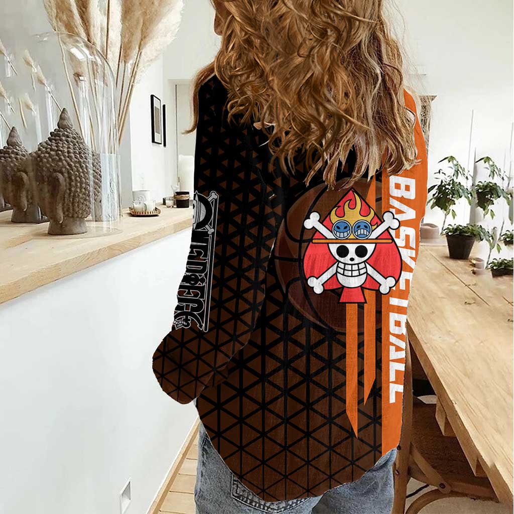 Portgas D Ace One Piece Basketball Theme Orange and Black Design Women Casual Shirt with Flame Ball and Whitebeard Pirates Emblem - The Mazicc