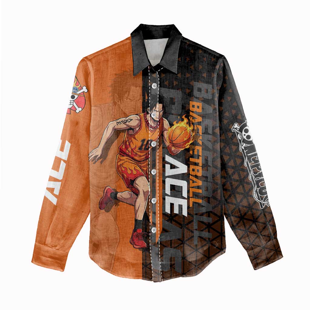 Portgas D Ace One Piece Basketball Theme Orange and Black Design Women Casual Shirt with Flame Ball and Whitebeard Pirates Emblem - The Mazicc