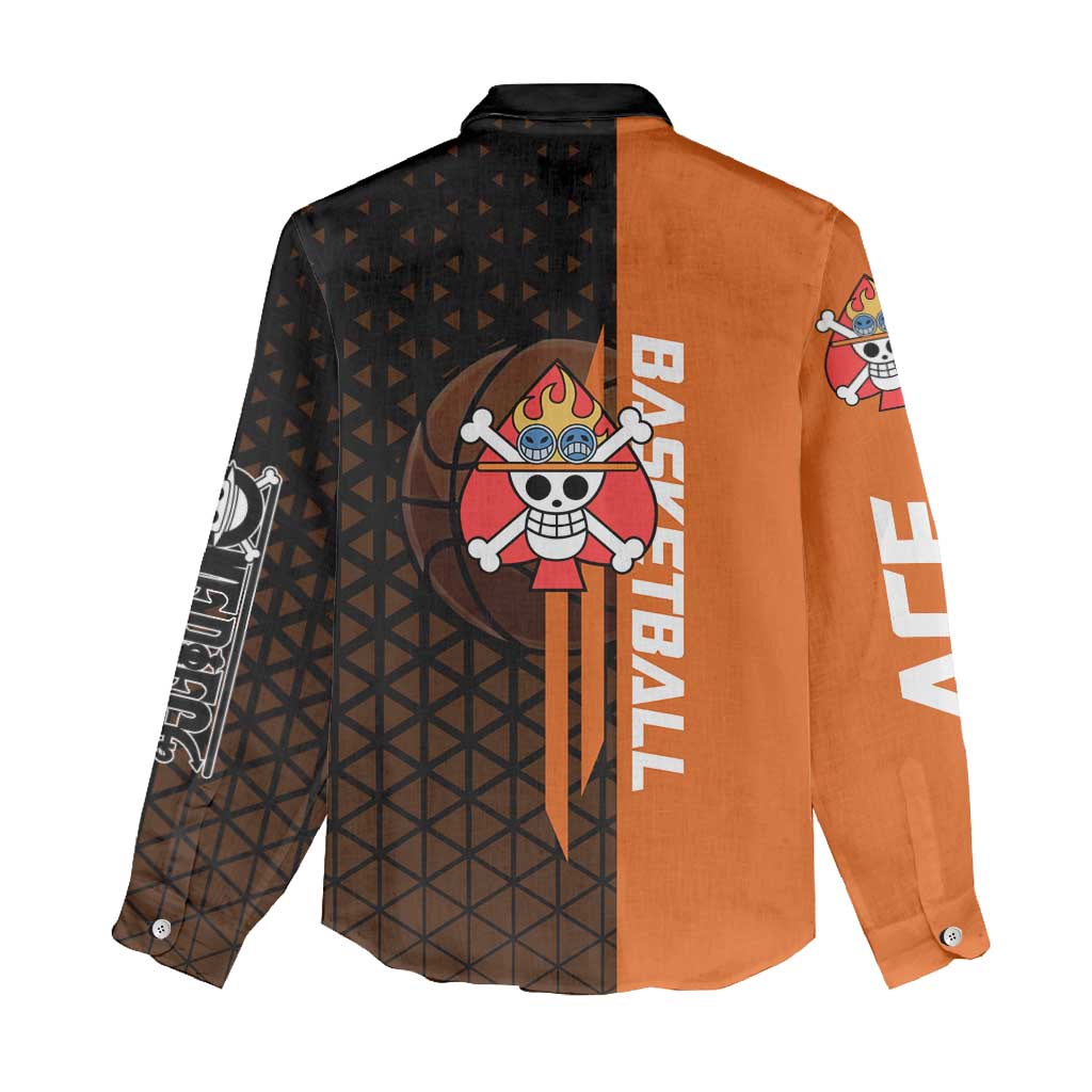 Portgas D Ace One Piece Basketball Theme Orange and Black Design Women Casual Shirt with Flame Ball and Whitebeard Pirates Emblem - The Mazicc