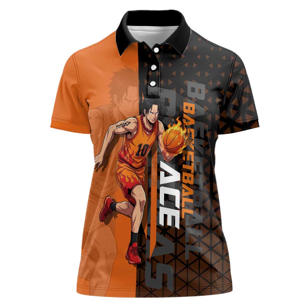 Portgas D Ace One Piece Basketball Theme Orange and Black Design Women Polo Shirt with Flame Ball and Whitebeard Pirates Emblem - The Mazicc