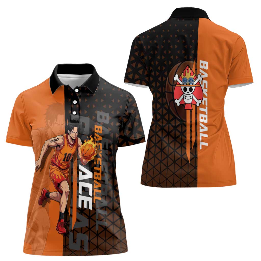 Portgas D Ace One Piece Basketball Theme Orange and Black Design Women Polo Shirt with Flame Ball and Whitebeard Pirates Emblem - The Mazicc