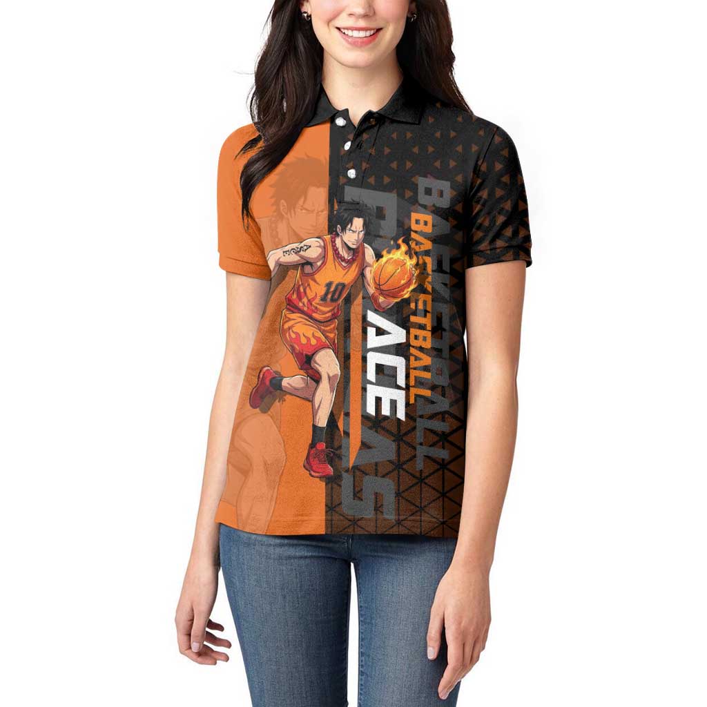Portgas D Ace One Piece Basketball Theme Orange and Black Design Women Polo Shirt with Flame Ball and Whitebeard Pirates Emblem - The Mazicc