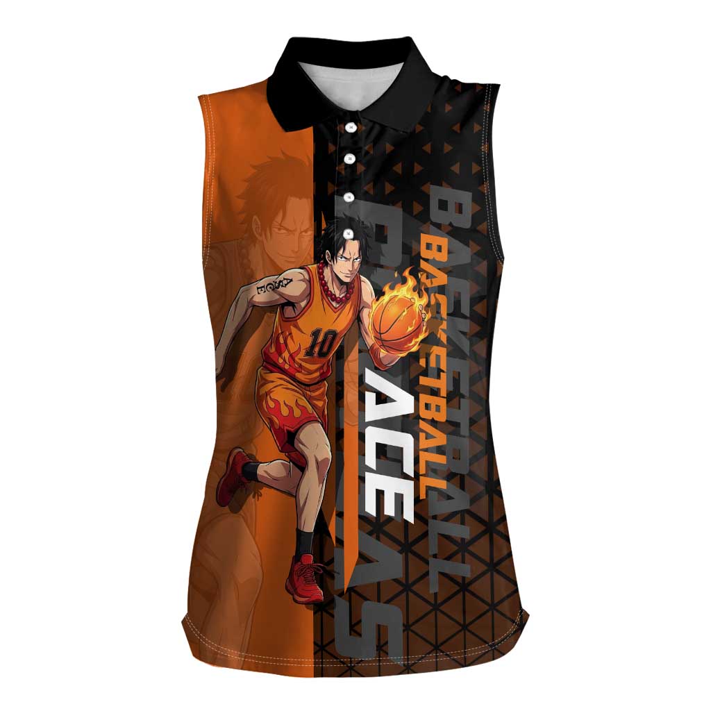 Portgas D Ace One Piece Basketball Theme Orange and Black Design Women Sleeveless Polo Shirt with Flame Ball and Whitebeard Pirates Emblem - The Mazicc