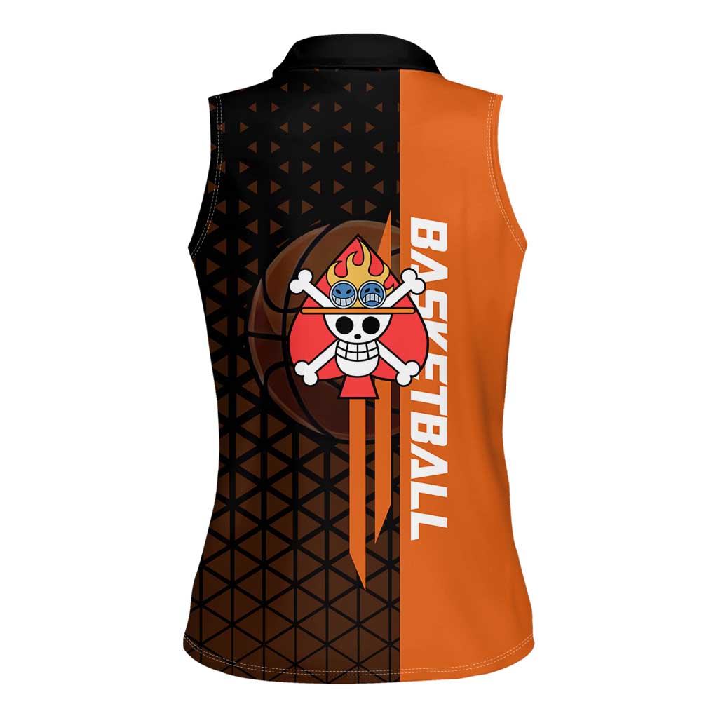Portgas D Ace One Piece Basketball Theme Orange and Black Design Women Sleeveless Polo Shirt with Flame Ball and Whitebeard Pirates Emblem - The Mazicc